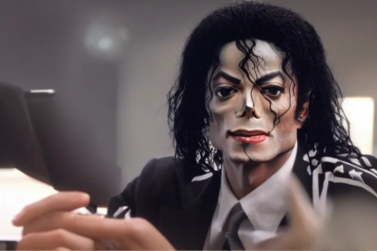 Image similar to Michael Jackson using discord on a computer ultra realistic, 4K, movie still, UHD, sharp, cinematic