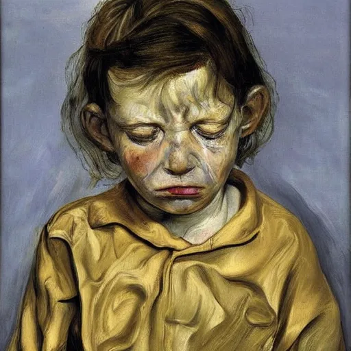 Prompt: Oil painting Portrait of a crying child, by Lucian Freud, Abstract brush strokes, Masterpiece