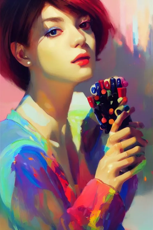 Image similar to a ultradetailed beautiful panting of a stylish woman, she is holding a bunch of colorful pills in her hand, high angle shot, oil painting, by ilya kuvshinov, greg rutkowski and makoto shinkai