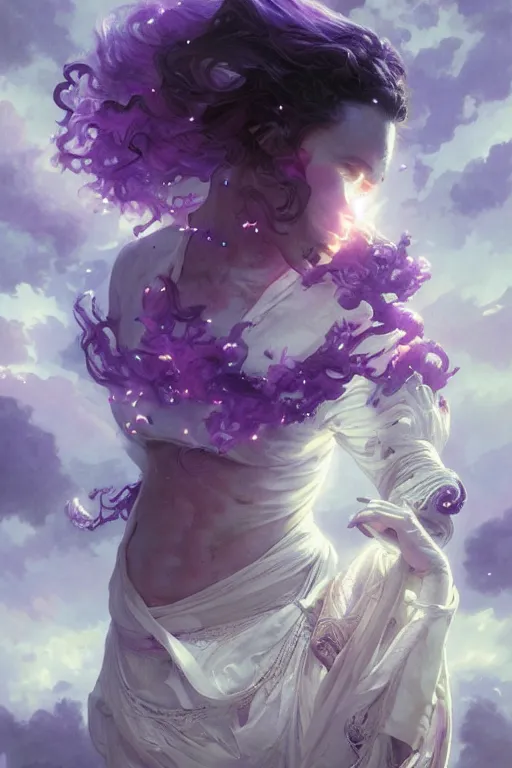 Image similar to A mystical mesmerizing 8k hyperrealistic taurus, transforming into a purple haze, soft, sharp focus, detailed, art by Greg Rutkowski and artgerm and Alphonse Mucha