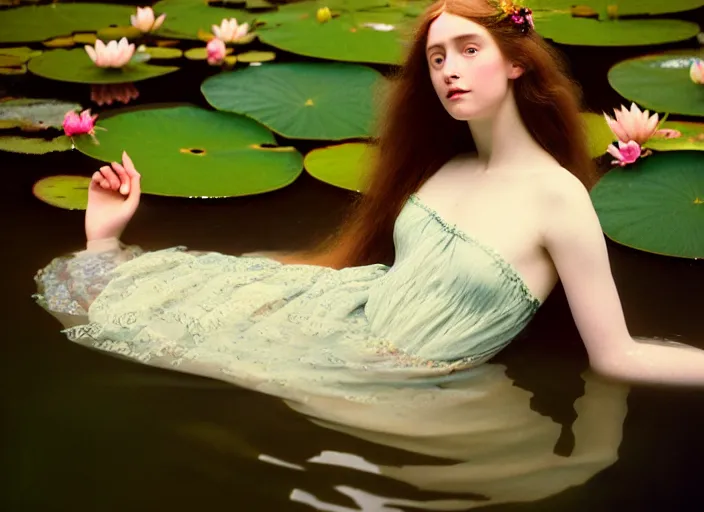 Image similar to Kodak Portra 400, 8K, soft light, volumetric lighting, highly detailed, britt marling style 3/4 ,portrait photo of a beautiful woman how pre-Raphaelites painter, the face emerges from the water of a pond with water lilies, in the pose of Ophelia Millais, a beautiful lace dress and hair are intricate with highly detailed realistic beautiful flowers , Realistic, Refined, Highly Detailed, natural outdoor soft pastel lighting colors scheme, outdoor fine art photography, Hyper realistic, photo realistic