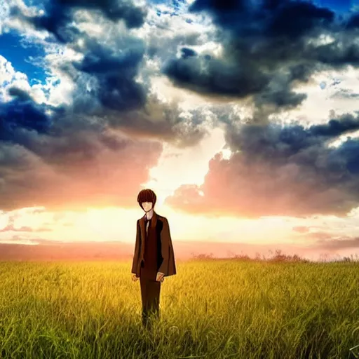 Prompt: light yagami in a beautiful grassy sunset, clouds in the sky, green acorn field, dslr award winning photography, clear image, global illumination, radiant lighting, intricate environment