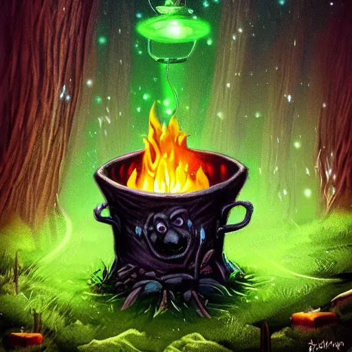 Prompt: a black cauldron filled with a magical green glowing potion hanging above a small campfire, night, fantasy, digital art, mysterious