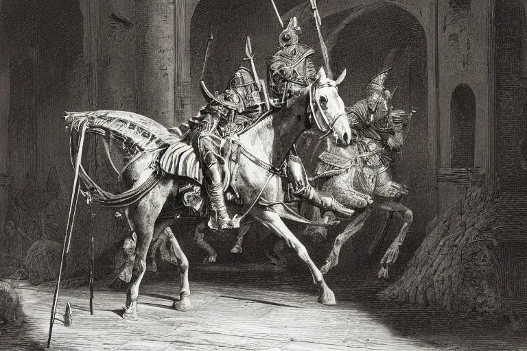 Prompt: highly detailed picture of the knight emerges from the open page of the book, don quixote comes out of an open old book on the table, symmetrical face, cinematic romantic magical, masterpiece, from the book by gene wolfe, highly detailed painting by gustave dore