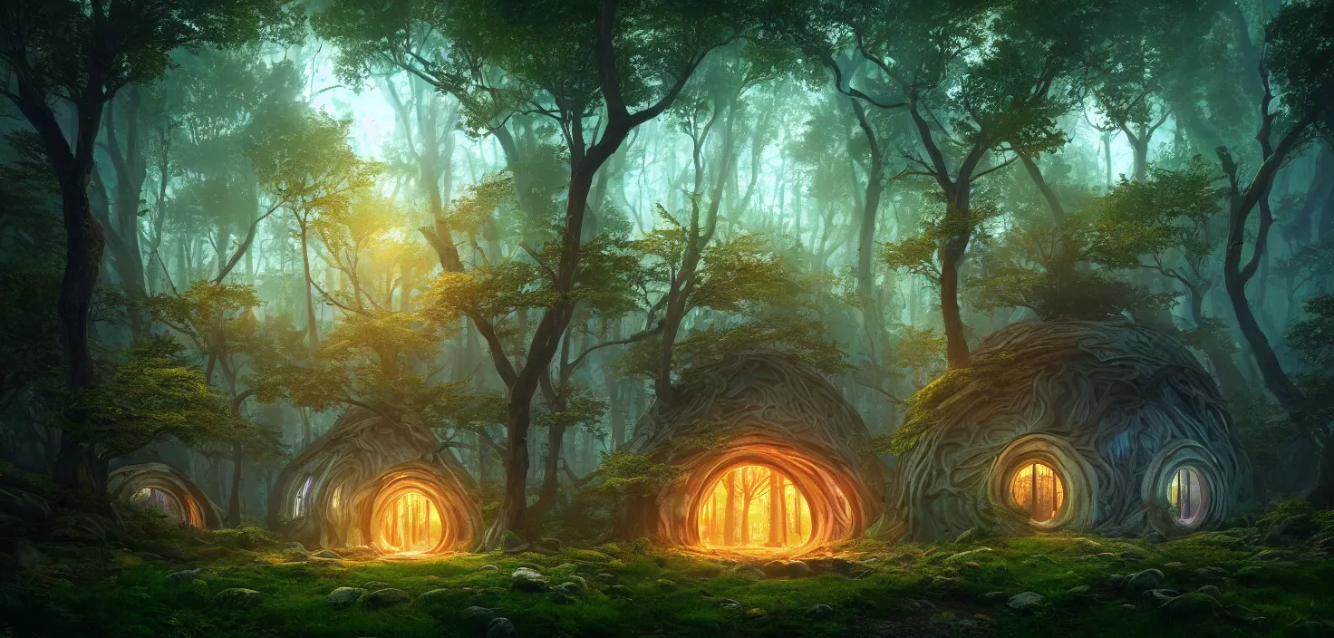 Prompt: random mystic forest house landscape, big round glowing multicoloured portal house, central symmetrical composition, incredible, vector art, octane render, fabulous, hyper detailed, random cinematic view, no noise, global illumination, warm lighting, volumetric, godrays, vivid, beautiful, by jordan grimmer