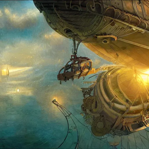 Prompt: waterpark in an airship painting by brain froud, charles vess, cinematic lighting, epic composition, highly detailed