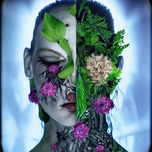 Image similar to a beautiful detailed front view portrait of a rotten woman corpse with plants and fractal flowers growing around, volumetric light, beautiful lit, polaroid photography