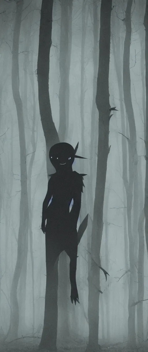 Image similar to pikachu as slenderman, eerie fog, willowed trees, scary atmosphere