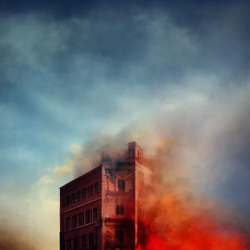 Image similar to dystopian, destroyed washington dc, real, blue sky, smoke, red clouds, detailed, award winning, masterpiece, photograph, cinematic, hyperrealism