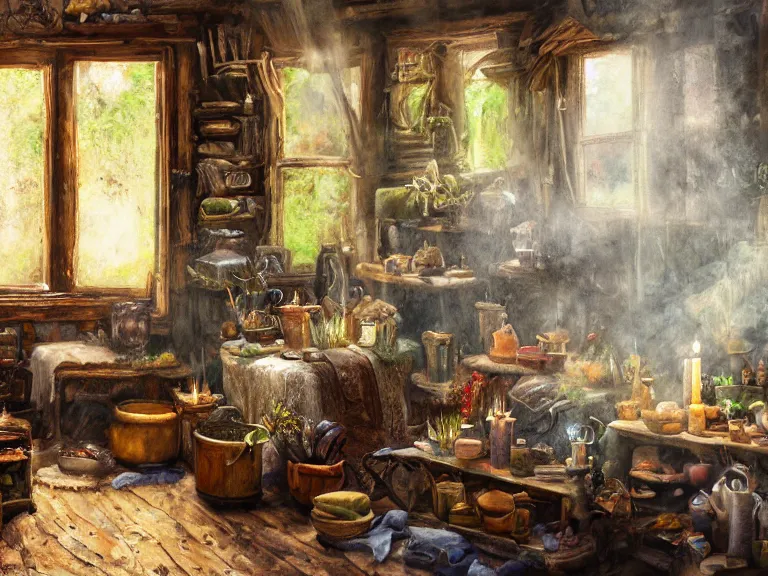 Image similar to expressive rustic oil painting, interior view of a cluttered herbalist cottage, waxy candles, wood furnishings, herbs hanging, light bloom, dust, ambient occlusion, rays of light coming through windows, dim lighting, brush strokes oil painting