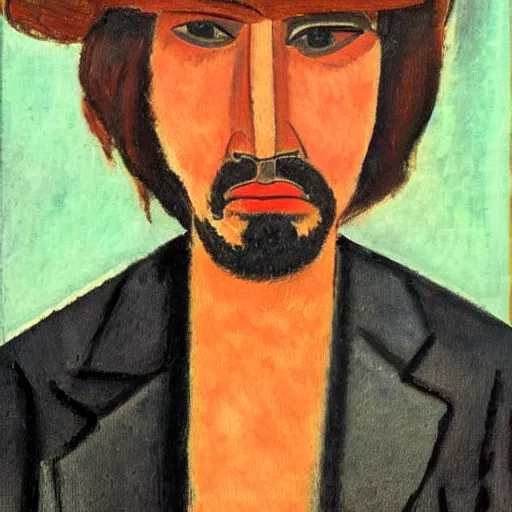 Image similar to a portrait lenny from motorhead in the style of amedeo modigliani