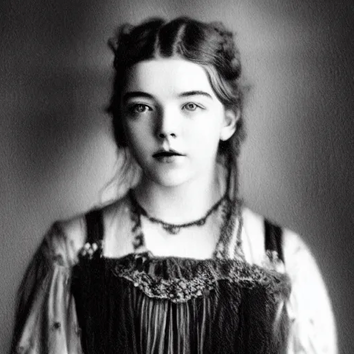 Image similar to headshot edwardian photograph of anya taylor - joy, saoirse ronan, florence pugh, 1 9 2 0 s film actress, realistic face, ethereal, 1 9 1 0 s, grainy, victorian, soft blur