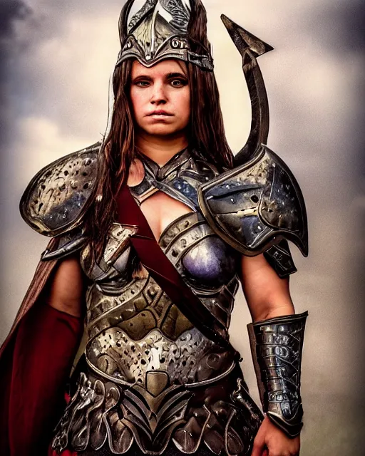 Image similar to a fierce and muscular warrior princess in full armor, fantasy character portrait by yael nathan