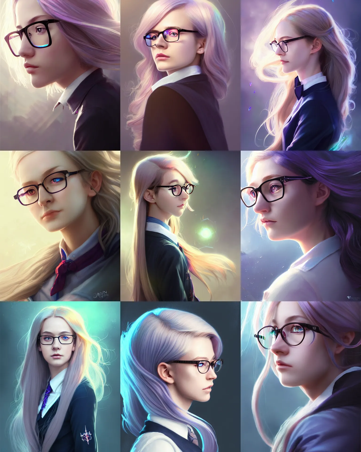 Prompt: side portrait of an innocent lost college girl, strixhaven magic school university uniform, light iridescent hair color, long windy hair style, large nerd glasses, fantasy, intricate, sharp focus, lens flare, bloom, rim light, illustration, highly detailed, digital painting, concept art, matte, art by ruan jia