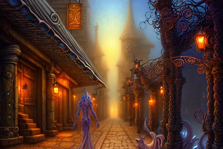 Image similar to a highly detailed street of both magical beings, tana'ri and primes alike in the planescape city of sigil, amazing planescape digital painting, by gerald brom, brom digital art, intricate details, ultra realistic, beautiful art, volumetric lighting, warm colors advance cool colors recede, by brom, trending cgsociety, artstation, rim lighting, 8 k