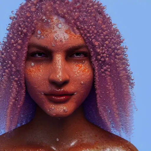 Prompt: 3 d render of wet orange skin with purple warts and curly hairs | seamless | unreal engine | octane | red shift