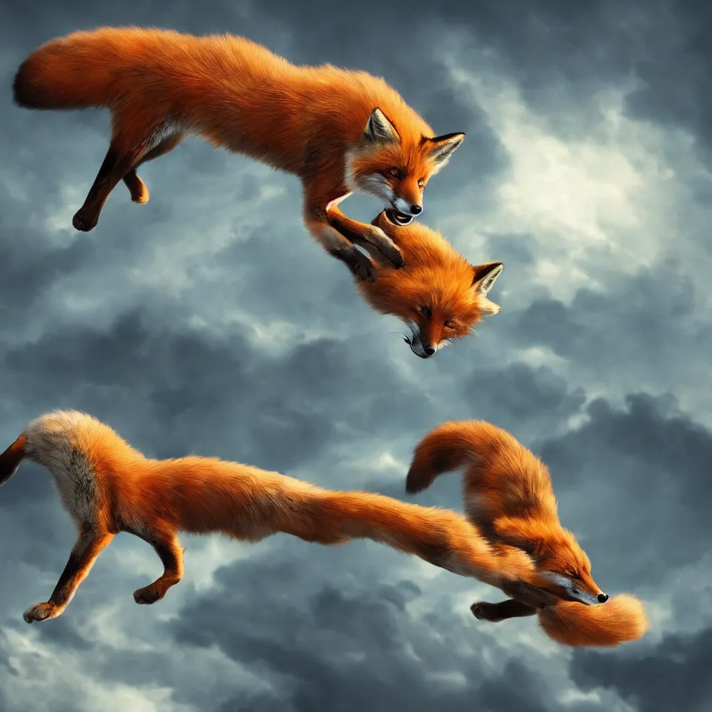 Prompt: fox flying through landscape, concept art, cinematic lighting, artstyle encyclopedia pictura