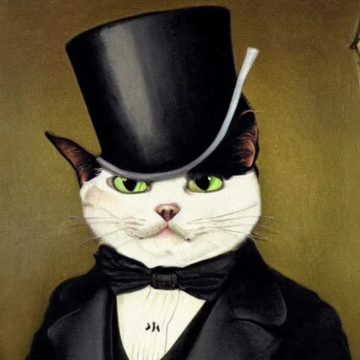 Image similar to a cat wearing a tuxedo a top hat and a monocle, renaissance painting, portrait, highly detailed