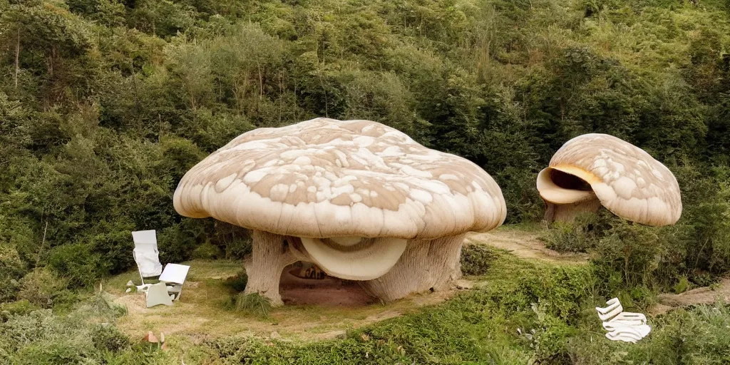 Prompt: cozy residence made from an enormous amantia mushroom