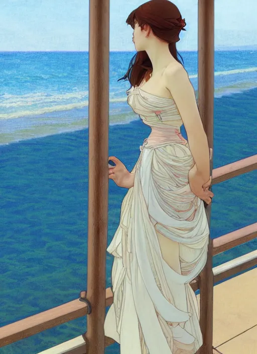 Image similar to pretty young woman leaning against the railing at the beach, path traced, highly detailed, high quality, digital painting, by studio ghibli and alphonse mucha, leesha hannigan, makoto shinkai, disney