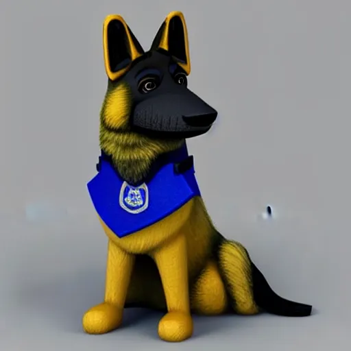 Image similar to police dog german sheperd, 3 d model, cartoony, 4 k, artstation, ultra quality, blue uniform, badge on collar, pixar style, on a highway offramp