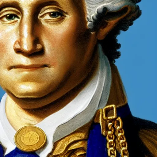 Image similar to a closeup photorealistic illustration of a happy George Washington holding wearing a chain around his neck with a small gold Doubloon coin as a necklace. This 4K HD image is Trending on Artstation, featured on Behance, well-rendered, extra crisp, features intricate detail and the style of Unreal Engine.