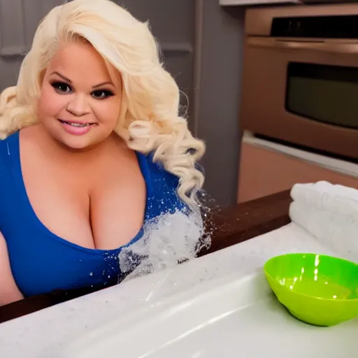 Prompt: closeup shot of trisha paytas doing the dishes