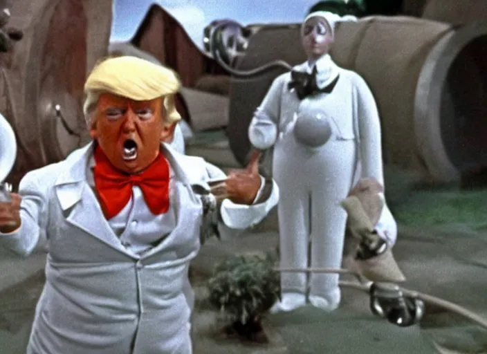 Image similar to film still of Donald Trump as a oompa loompa in Willy Wonka's and the Chocolate Factory 1971