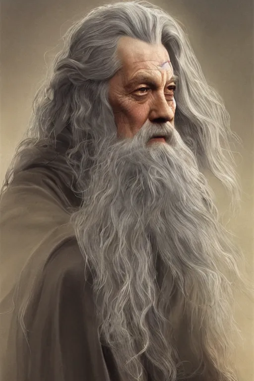 Image similar to Gandalf from Lord of the Rings, diffuse lighting, fantasy, intricate, elegant, highly detailed, lifelike, photorealistic, digital painting, artstation, illustration, concept art, smooth, sharp focus, art by John Collier and Albert Aublet and Krenz Cushart and Artem Demura and Alphonse Mucha