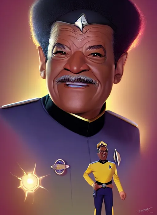 Image similar to cute star trek officer don king, natural lighting, path traced, highly detailed, high quality, digital painting, by don bluth and ross tran and studio ghibli and alphonse mucha, artgerm