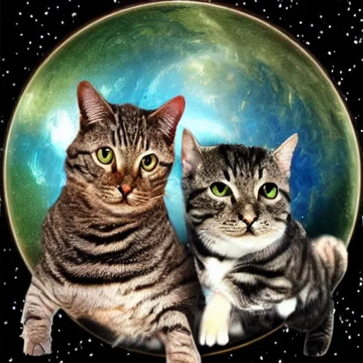 Image similar to realistic space cat fighting aliens