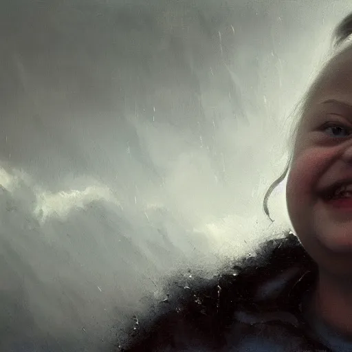 Prompt: abstract painting of giant Greta Thunberg smiling evil emperor of the world emerging in dark clouds, noxious, cosmic horror, evil, dangerous, trending on ArtStation, masterpiece, by Greg Rutkowski, by Ross Tran, by Fenghua Zhong, octane, lightbeam eyes, soft render, clear facial features, oil on canvas, moody lighting, cinematic, professional environment concept art