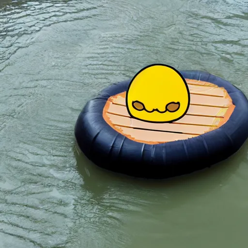 Prompt: gudetama riding a raft down the river, lazy egg