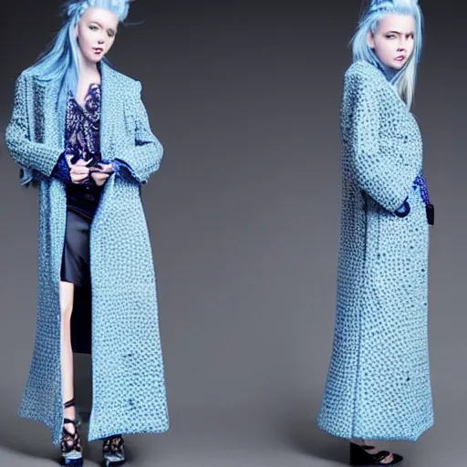 Image similar to fashion 2 0 5 0 fantastic openwork long coat with intricate pattern on a beautiful symmetrical girl with blue hair, hyper realistic photos