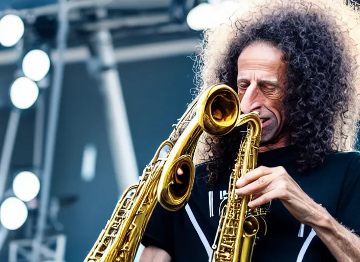 Image similar to photo still of kenny g on stage at vans warped tour!!!!!!!! at age 4 8 years old 4 8 years of age!!!!!!! playing saxophone, 8 k, 8 5 mm f 1. 8, studio lighting, rim light, right side key light