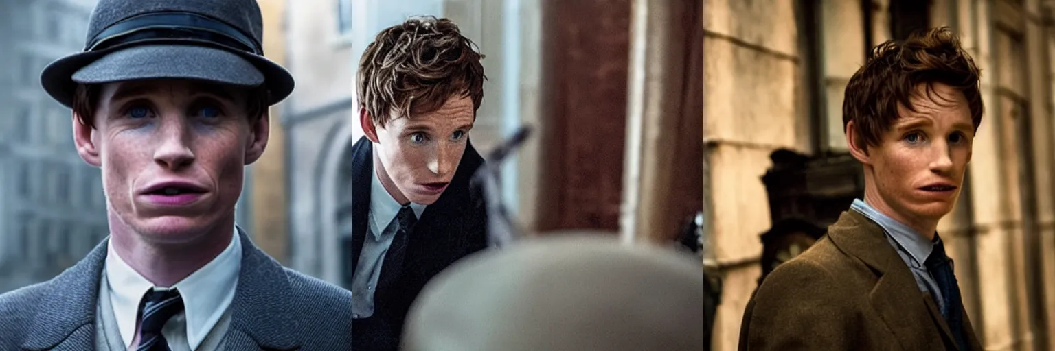 Prompt: close-up of Eddie Redmayne as a detective in a movie directed by Christopher Nolan, movie still frame, promotional image, imax 70 mm footage