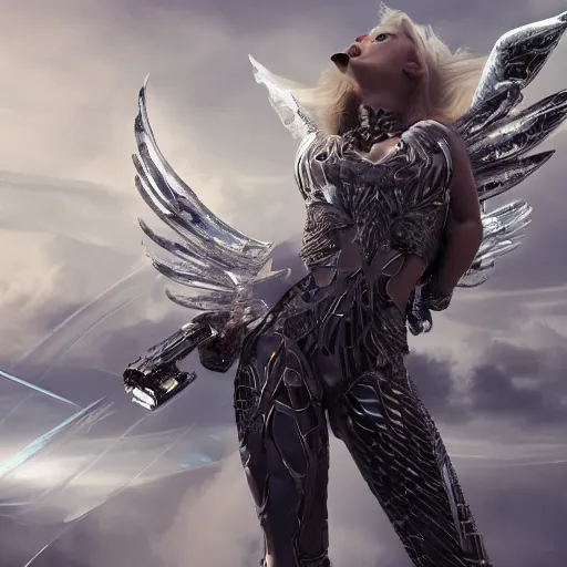 Prompt: beautiful full body shot render of an female angel in a light transparent futuristic glass armour with a rifle, clouds, hyper realistic, hyper detailed, octane render, cloudpunk, johannes voss, dynamic lightning, sharp focus, flight, huge wings, wings made of glass, 8k, trending on artstation, concept art