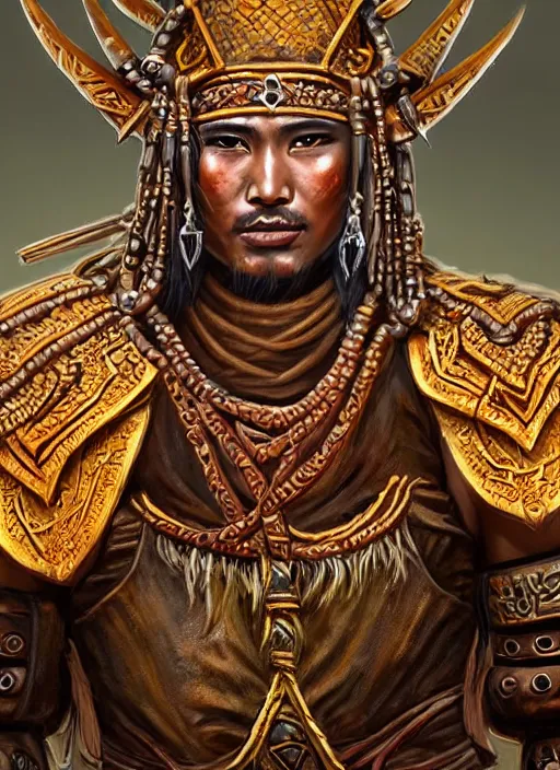 Image similar to tai warlord, closeup portrait, historical, ethnic group, traditional costume, bronze thai 👑, leather shoulder armor, fantasy, intricate, with dong son bronze artifacts, beads cross onbare chest, elegant, loin cloth, highly detailed, oill painting, artstation, concept art, matte, sharp focus, illustration, hearthstone, art by earl norem