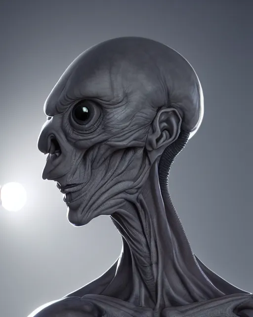 Image similar to Tall grey alien creature, dramatic lighting, very detailed, electrical details, high details, 4k, 8k, trending on artstation, by Hajime Sorayama and Paolo Eleuteri Serpieri