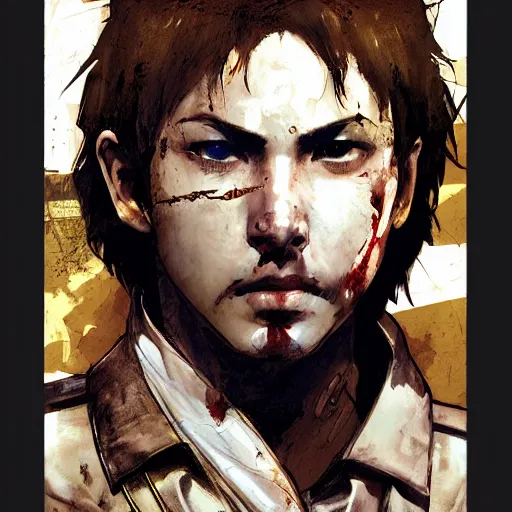 Image similar to portrait of a young white hero holding his sword next to his face covering his eye by yoji shinkawa, high quality, extra details, realism, ornate, colored, golden chain, blood, white skin, short hair, brown eyes, vivid, sunlight, dynamic, american man, freedom, white american soldier, painting