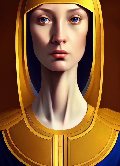 Image similar to portrait of female android, symmetry, intricate, elegant, highly detailed, smooth, sharp focus, concept art, digital painting, illustration, artstation, by fra angelico and sandro botticelli