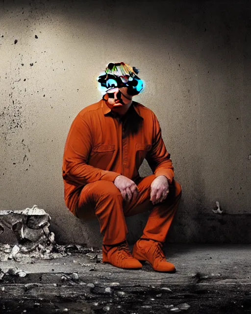 Image similar to a head and shoulders portrait of Donald trump wearing a orange jumpsuit, sitting on the floor of a filthy rat infested concrete jail, dimly lit, volumetric lighting, in jail by craig mullins and Annie Leibowitz, octane, 8k,