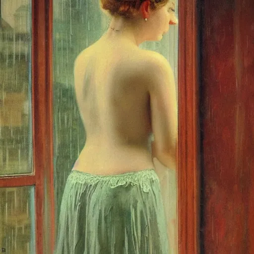 Prompt: A woman looking through a rainy window, back view, lace lingerie, modest, 1950s, americana, award-winning, warm colors, by Ilya Repin, deviantart