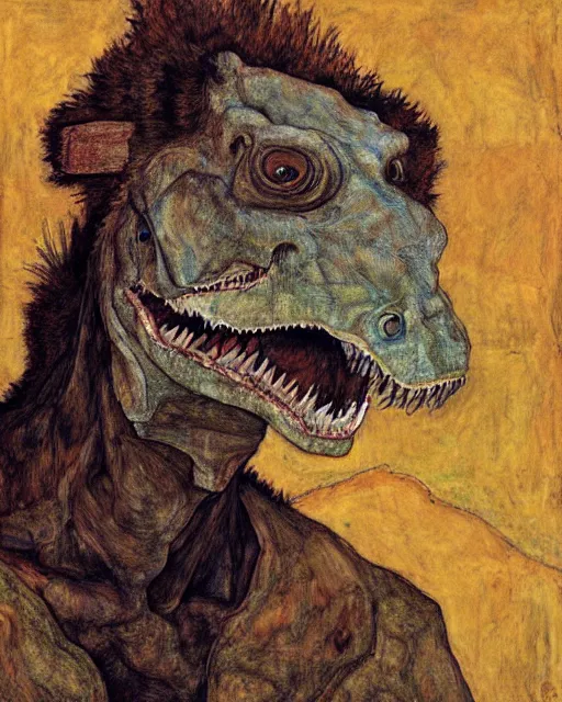 Image similar to portrait of a tyrannosaurus!!!!!!!!!!!!! by egon schiele in the style of greg rutkowski