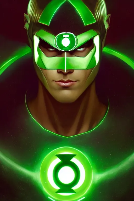 Prompt: a portrait of green lantern, fantasy, sharp focus, intricate, elegant, digital painting, artstation, matte, highly detailed, concept art, illustration, ambient lighting, art by ilya kuvshinov, artgerm, alphonse mucha, and greg rutkowski