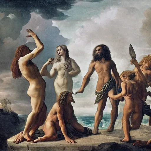 Image similar to seven trials of the prehistoric aquarius cult, in the style of David Geddes, Élisabeth Vigée Le Brun, dramatic lighting, establishing shot, 8k resolution – W 1024