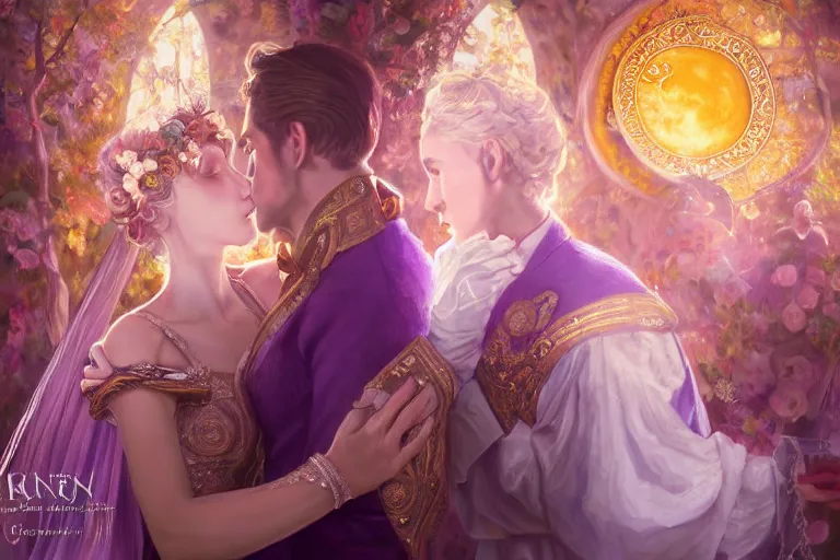 Image similar to a dreamlike cinematic portrait of wedding photograph close up moment of a divine a russia sun god and moon goddess lovers magician at a wedding banquet. portraiture. digital painting. artstation. concept art. fantasy wedding photo. digital painting, 8 k realistic, hyper detailed, violet evergarden art masterpiece by art by krenz cushart