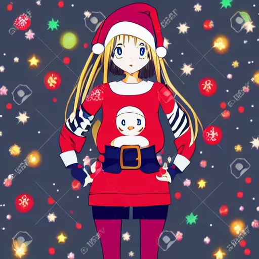 Image similar to anime girl wearing a christmas jumper cartoon highly detailed, smooth, sharp focus