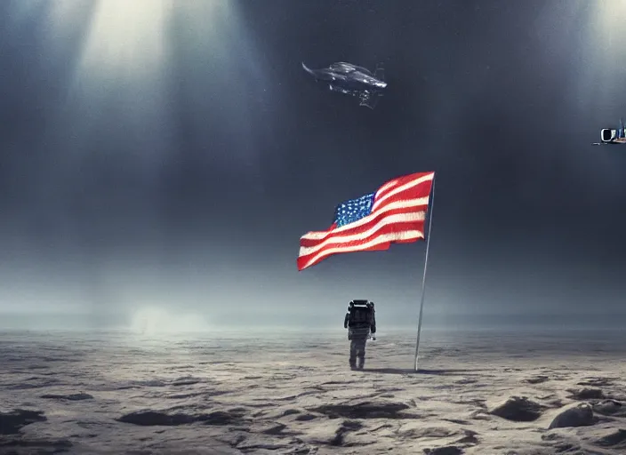 Image similar to astronaut holding a flag in an underwater desert. a submarine is visible in the distance. dark, concept art, cinematic, dramatic, atmospheric, 8 k, trending on artstation, blue, fish, low visibility, fog, ocean floor, christopher nolan, interstellar