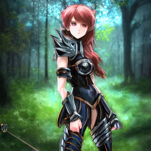 Prompt: portrait focus of knight beautiful 3D anime girl, chamallow armor wearing, dark forest background, snowing, bokeh, inspired by Masami Kurumada, digital painting, high contrast, unreal engine render, volumetric lighting, high détail